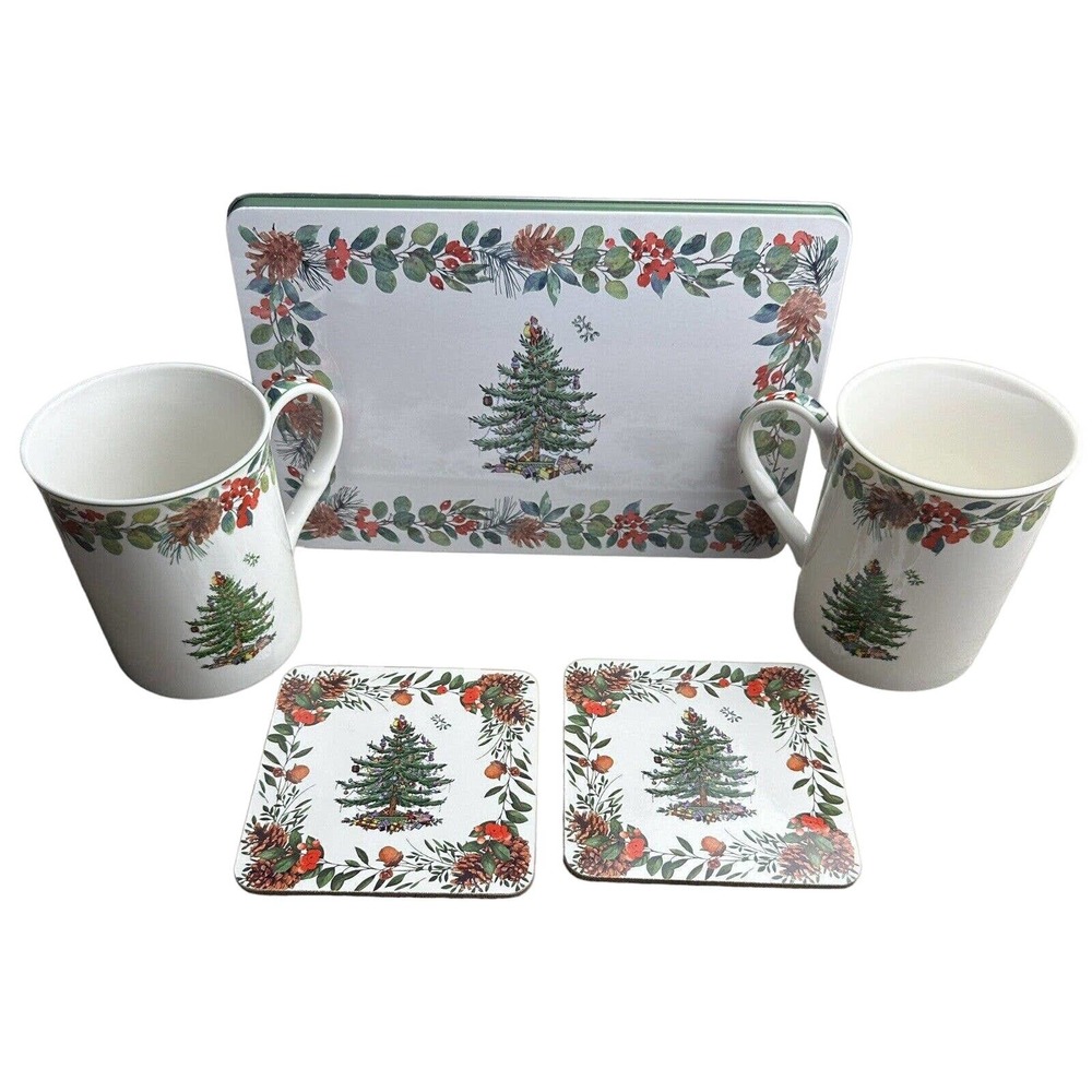 Spode 5 Piece Tin Christmas Tree Set ~ 12oz Cups Coasters Tin NEW w/Box